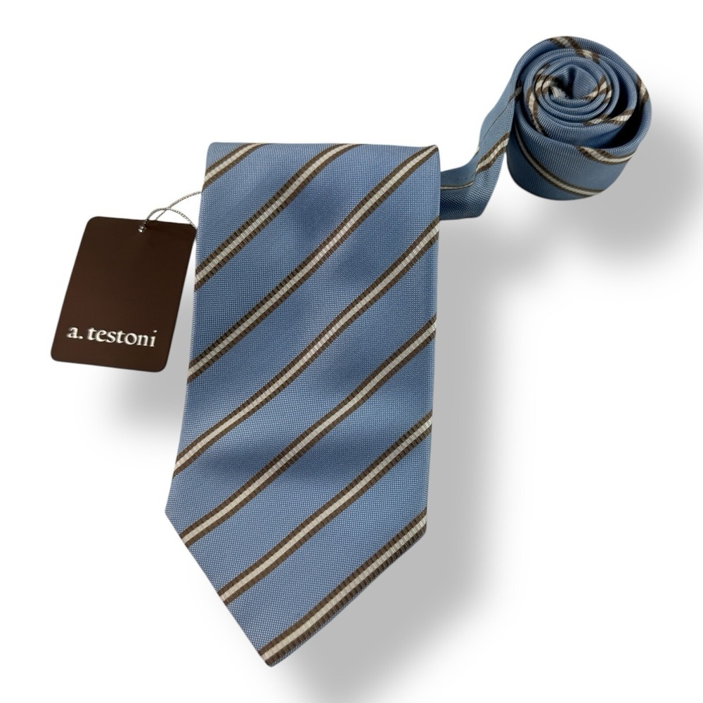a. testoni NWT Pure Silk Neck Tie Blue Brown‎ White Stripe Made in Italy